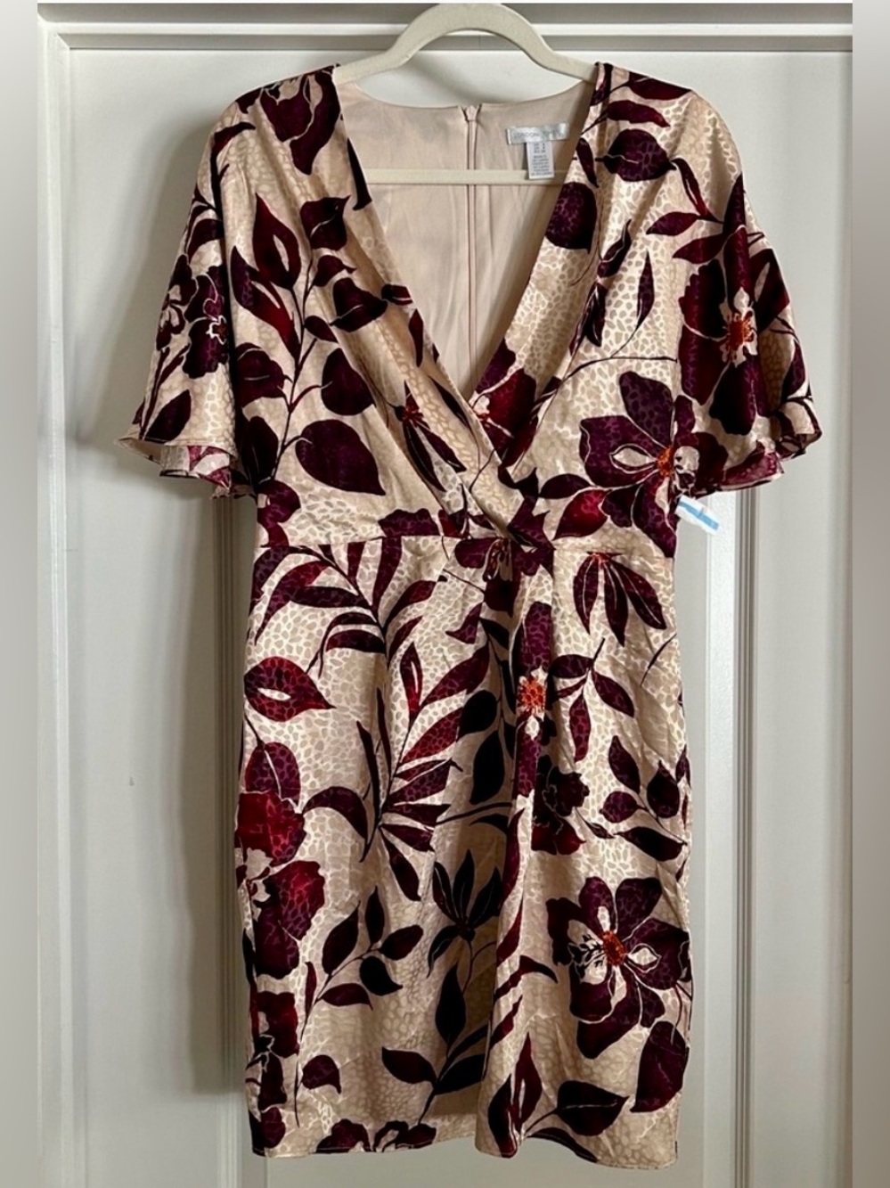 London Times Burgundy and Cream Floral Wrap Mini Dress